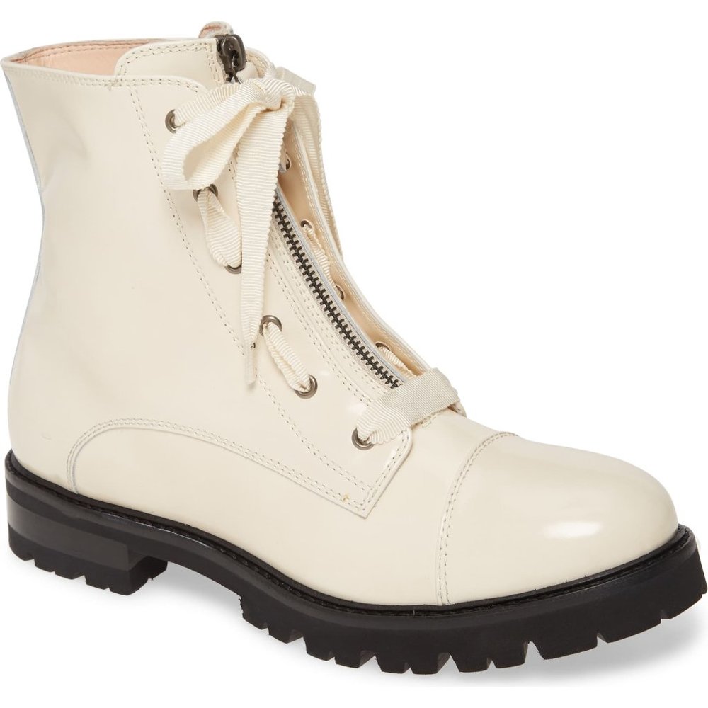 $500 AGL Grosgrain Combat patent leather Boot MOTO LUGGED SOLE 39.5 (SE1)